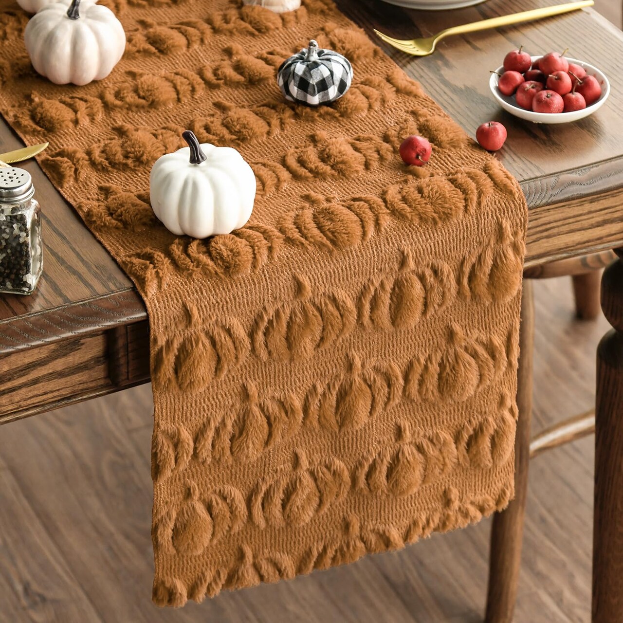 Caramel Soft Plush Faux Fur Jacquard Pumpkins Fall Table Runner, Seasonal Autumn Kitchen Dining Table Decoration for Home Party Decor 13x72 Inch